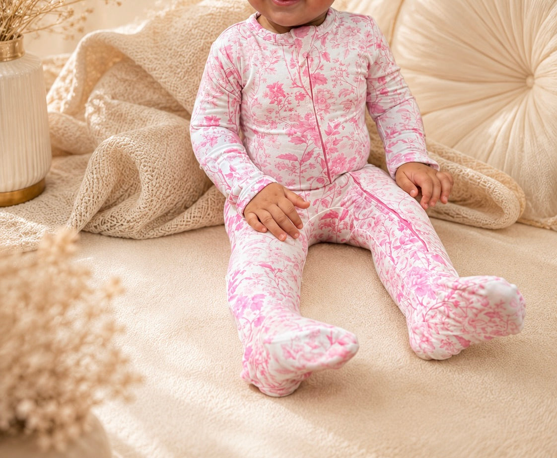 Baby wearing a Bambélis organic bamboo footed romper — two-way zipper, foldover mitts and ankle elastics