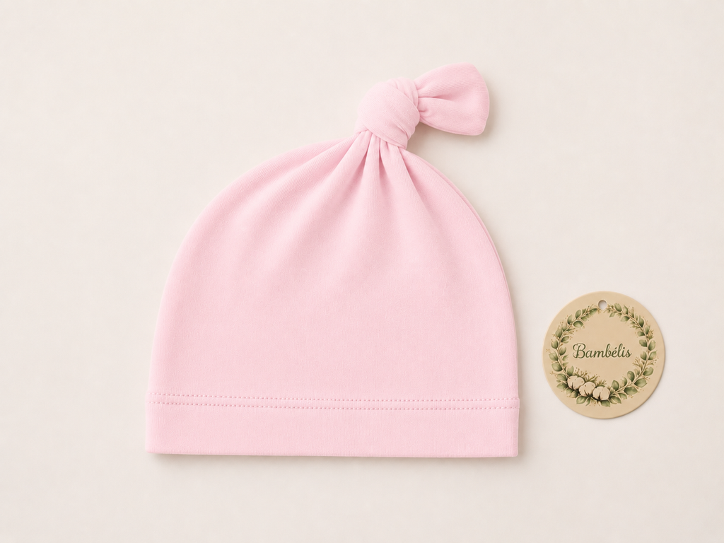 Bambélis organic bamboo knotted hat, Petal Pink print — front view